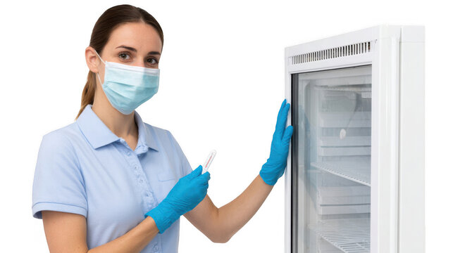 Female nurse wearing a face mask and gloves is checking the temperature of a refrigerator with a thermometer, ensuring proper storage conditions for medical supplies on a transparent background