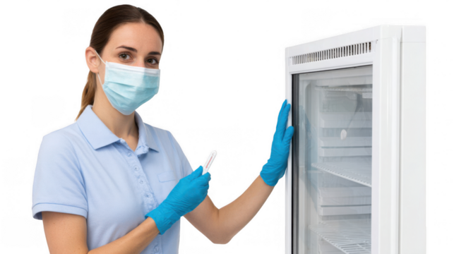 Female nurse wearing a face mask and gloves is checking the temperature of a refrigerator with a thermometer, ensuring proper storage conditions for medical supplies on a transparent background