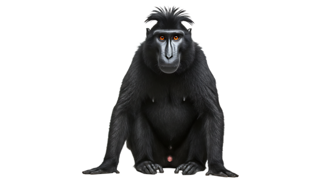 Crested Macaque Portrait Striking Orange Eyes and Silver Nose Full Frontal View