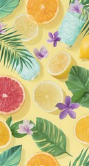 A colorful fruit and flower design with a yellow background