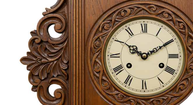 Antique clock displaying roman numerals and detailed carved woodwork