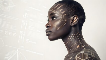 Futuristic portrait of a person integrating data visualization motifs into skin on a minimal backdrop—a sleek blend of human identity and data-driven style.