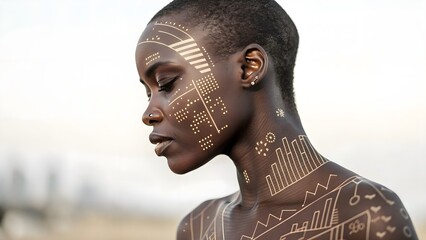 Futuristic portrait of a person integrating data visualization motifs into skin on a minimal backdrop—a sleek blend of human identity and data-driven style.