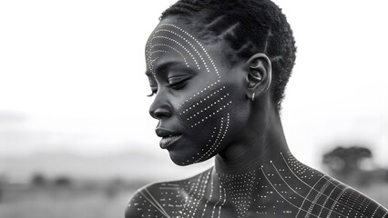 Futuristic portrait of a person integrating data visualization motifs into skin on a minimal backdrop—a sleek blend of human identity and data-driven style.