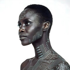 Futuristic portrait of a person integrating data visualization motifs into skin on a minimal backdrop—a sleek blend of human identity and data-driven style.