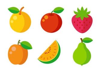 Flat design fruit icons apple orange strawberry apricot watermelon pear