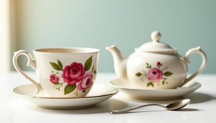 Fototapeta premium Two elegant teacups, floral tea cozy, sugar bowl, spoon on white table, drink, tea cup, spoon