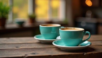 Two empty coffee cups sit on rustic wooden table, cozy, backdrop, overhead