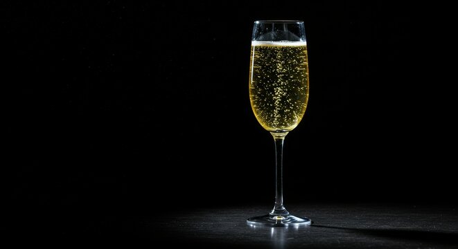 Elegant champagne flute with sparkling golden bubbles on a dark background, highlighted by dramatic spotlighting. Perfect for celebrations, luxury,...
