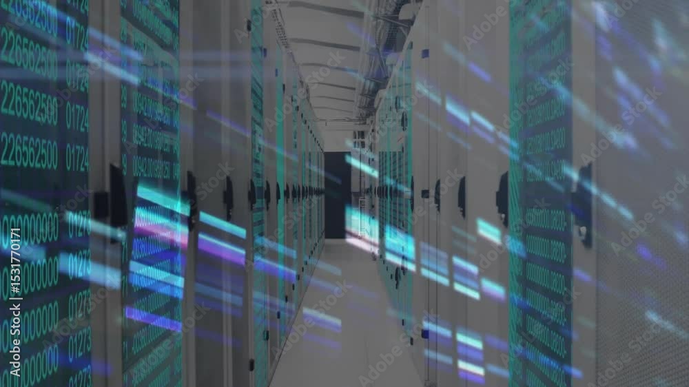 Poster turquoise code starting scrolling over server corridor and camera moving forward showing data flow