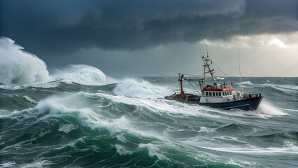 Dramatic scene of a fishing boat navigating turbulent sea waves at dawn, with moody skies and powerful ocean currents.
