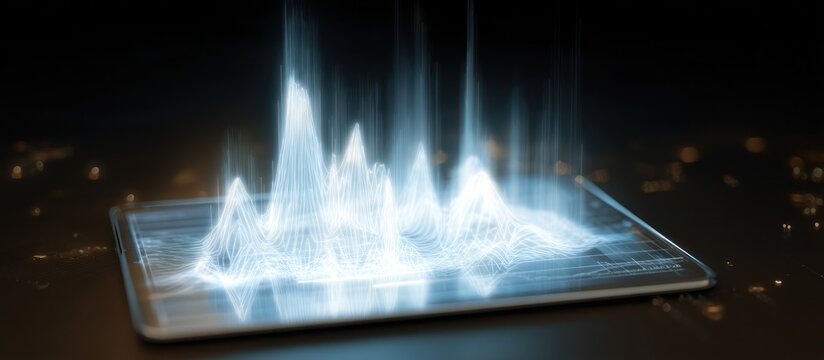 A digital tablet displaying a glowing blue waveform visualization against a dark blurred background