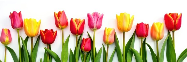 Naklejka premium Vibrant tulips, various colors, pure white backdrop, blossom, isolated
