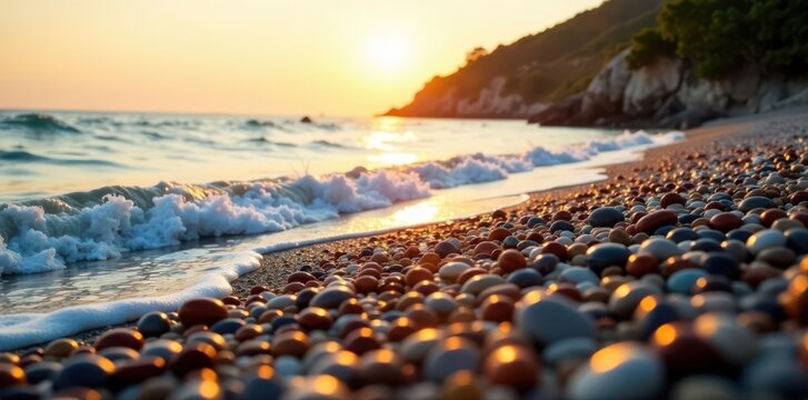 Warm afternoon light on a pebble beach as the tide ebbs , landscape, waves