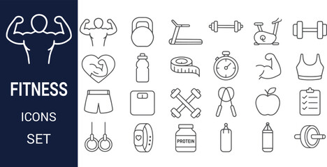 Fitness Icons Set Workout, Gym, Exercise, and Strength Training Line Art Graphics