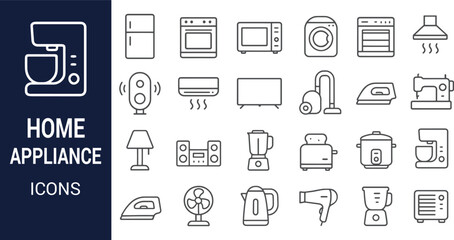 Collection of Home Appliance Icons Refrigerator, Oven, Microwave, Washing Machine, Blender & More