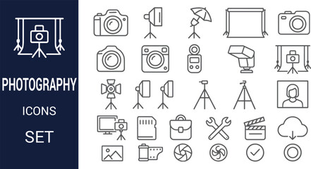 Photography Icons Set 30 Line Art Images for Studio, Camera, Lighting, and More
