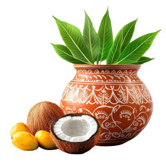 Decorative Clay Pot with Fresh Green Leaves and Tropical Fruits