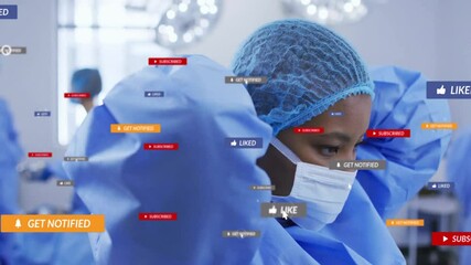 Female surgeon in prep adjusting cap and mask floating icons appearing then vanishing in medical OR - Powered by Adobe