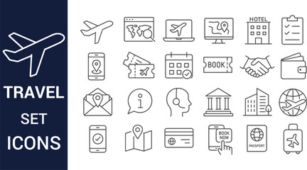 Travel Icons Airplane, Hotel, Booking, Map, Passport - Vector Illustration Set
