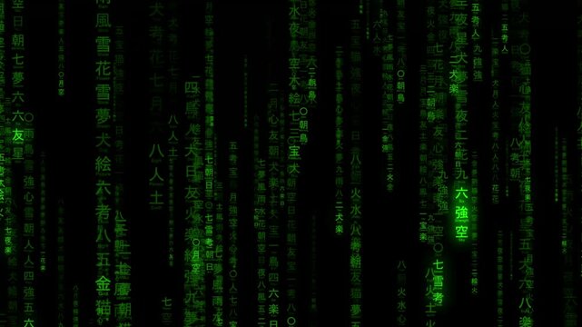 Animation of digital data, matrix raining isolated on black background