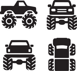 Monster truck silhouette icons set side, front, back, and top views vector art illustration. © Mohaiminul
