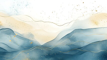 Watercolor abstract pastel beige background with light blue shapes and gold lines, organic minimalist fluid composition featuring soft curves and subtle gradients on white