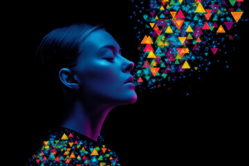 Woman Profile with Colorful Triangles and Particles on Black Background
