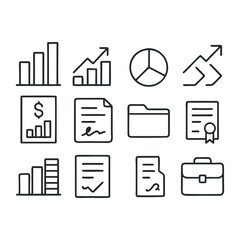 Business Finance Growth Icon Set - Chart, Graph, Report, Contract, Briefcase - Flat Outline Vector
