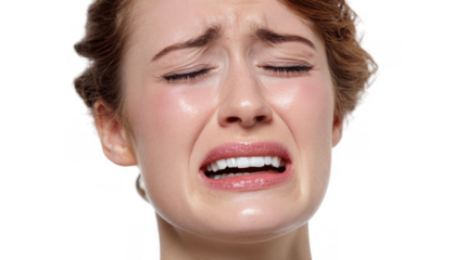 Close up view of a young woman with closed eyes, crying and displaying profound sadness and despair, set against a transparent background, capturing raw emotion and vulnerability