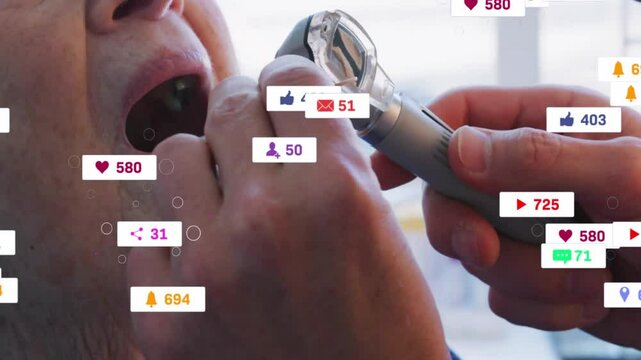 Doctor guiding woman opening mouth for medical exam with depressor, otoscope and notification icons
