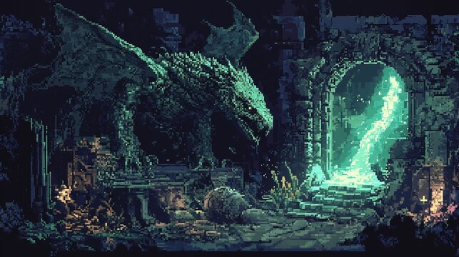 16 bit fantasy game map featuring an ancient winged lizard hidden in pixelated ruins glowing with magical energy