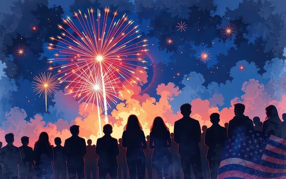 Silhouettes admire colorful fireworks against a twilight sky with clouds and stars.