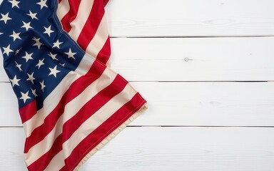 Obraz premium A worn American flag drapes over a wooden surface.