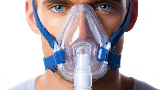 Close up of a male patient wearing an oxygen mask, breathing and looking at the camera, isolated on a transparent background, ideal for healthcare and medical themes