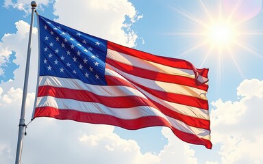 Waving American flag against a bright blue sky with clouds.