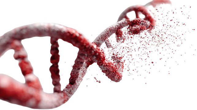 Red dna chain breaking down, disintegrating, and losing particles against a transparent background, illustrating a damaged or mutated dna helix in a striking visual representation