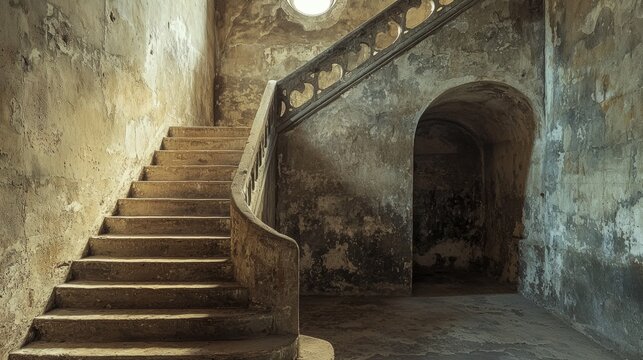 Stone Staircase Curves Towards Arched Doorway in Weathered Grey Building with Light Coming From the Top - Powered by Adobe