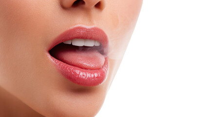 Naklejka premium Close up of a woman's mouth exhaling smoke after eating or drinking something very hot, with a transparent background for easy integration into different projects