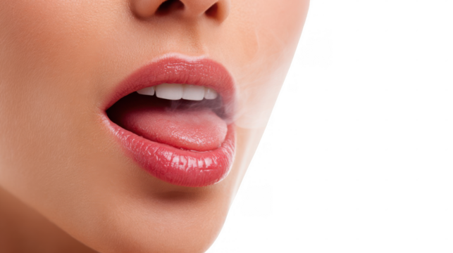 Close up of a woman's mouth exhaling smoke after eating or drinking something very hot, with a transparent background for easy integration into different projects - Powered by Adobe
