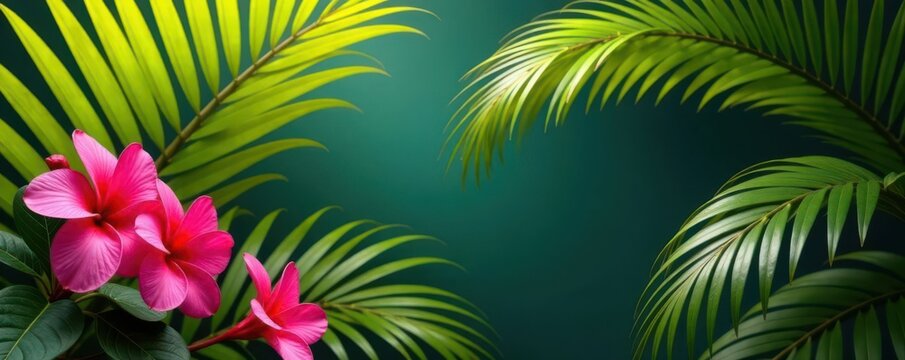 Sun-drenched catharanthus & bougainvillea Lush palm leaves complete tropical corner design , nature, bougainvillea glabra