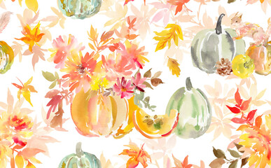 PNG seamless pattern of abstract pumpkins, autumn leaves, flowers and squirrel painted in watercolor. Hand-drawn pumpkins, dahlias, autumn leaves and sunflower textile design for Thanksgiving.