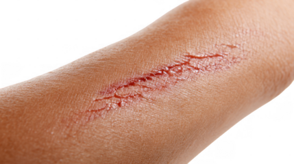 Closeup of a deep, healing scratch wound on a human arm, isolated on a transparent background, perfect for medical or healthcare related projects