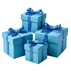 Fototapeta premium Four blue gift boxes with ribbons isolated on transparent background