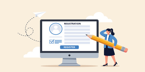 Register new user account, registration form or submission, sign up information online, apply new job or membership, self service concept, businesswoman with pencil complete online registration form