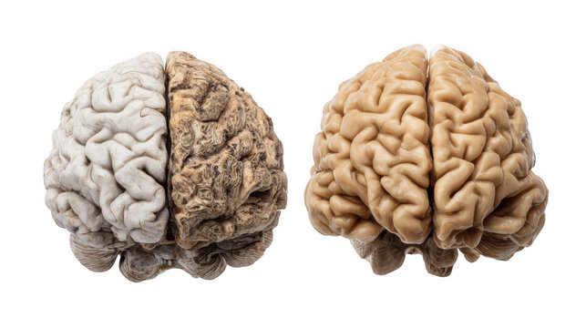 Two human brains are shown, one healthy and pink, the other one affected by alzheimer's disease, atrophied, and with a more greyish color, on a transparent background