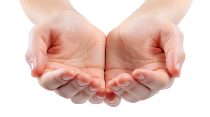 Woman is showing her open empty hands with palms up, cupped together as if holding or offering something, isolated on transparent background
