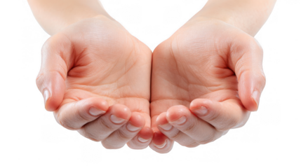 Woman is showing her open empty hands with palms up, cupped together as if holding or offering something, isolated on transparent background