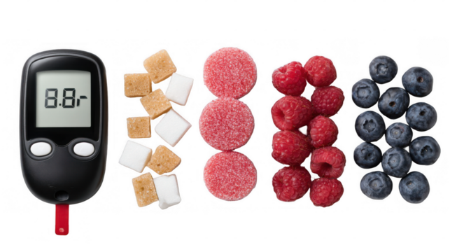 Glucose meter showing high blood sugar levels alongside unhealthy foods like sugar cubes and candy, contrasted with healthy options like raspberries and blueberries