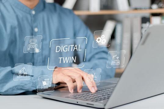 Digital twin with artificial intelligence software concept. BIM innovation computing engineering process background. Businessman using ai virtual touch screen presses: digital model big data system